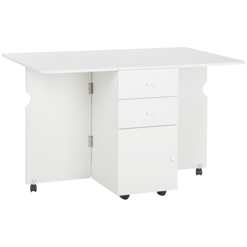 HOMCOM Mesa de Comedor Plegable Alas Abatibles con Ruedas y 2 Cajones Mesa de Cocina Pequeña Estilo Moderno 120x80x75 cm Blanco