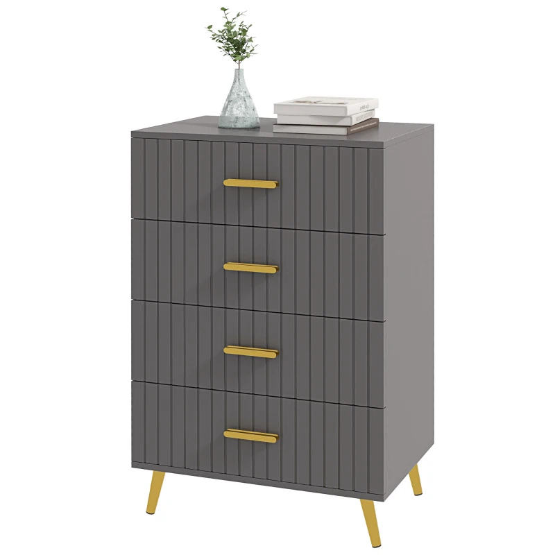 HOMCOM Comodă modernă cu 4 sertare din lemn și aluminiu, 60x40x90 cm, auriu și gri închis