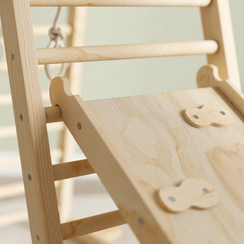 AIYAPLAY 6 en 1 Triángulo de Escalada Montessori con Plataforma y Anillos Estructura de Escalada de Madera con Tobogán Natural