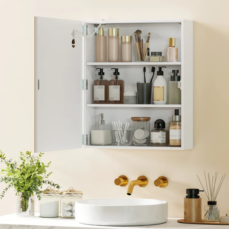 HOMCOM Dulap Baie cu Oglindă LED, 50x15x60 cm Mobilă Baie cu Funcție Anti-Aburire, Rafturi Reglabile, 3 Temperaturi de Lumină Dimmabile, Dulap Montat pe Perete din Sticlă, Alb