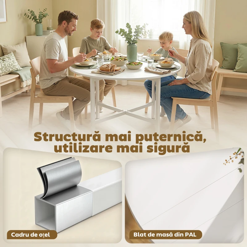 HOMCOM Masă Pliabilă Compactă Transformabilă Lemn Oțel Modernă, Alb