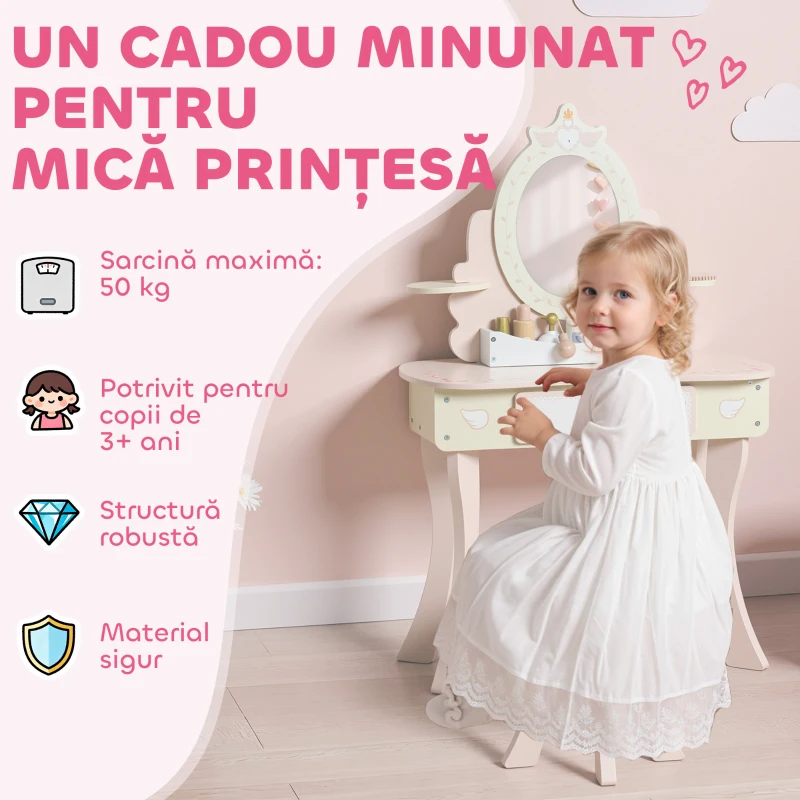 AIYAPLAY Set Măsuță de Toaletă cu Oglindă și Scăunel din Lemn 2 în 1 pentru Copii cu 7 Accesorii Incluse, Roz