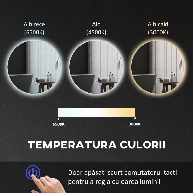 kleankin Oglindă de Baie cu Lumină LED Rotundă 80cm, 3 Culori, 3000-6500K, Oglindă de Perete Iluminată cu Interruptoare Touch, Luminozitate Reglabilă, Funcție Memorie și Anti-Ceață, IP44