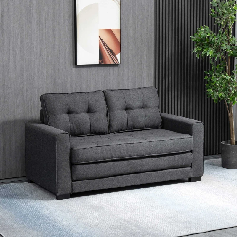HOMCOM Schlafsofa Klappsofa 2-Sitzer Stoffsofa Bettsofa Sofa mit Schlaffunktion Sofagarnitur Leinen-Touch Gummiholz Grau 147,5 x 75 x 85 cm