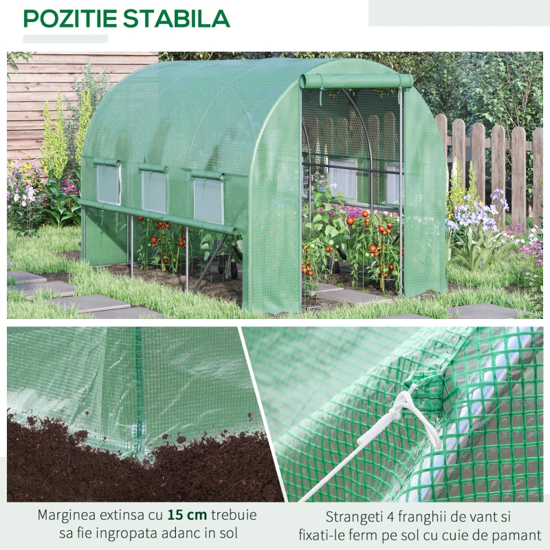 Outsunny Seră pentru Grădină 3X2X2m din Oțel și Acoperire pe, UșI cu Fermoar șI Ferestre cu Plasă, Verde