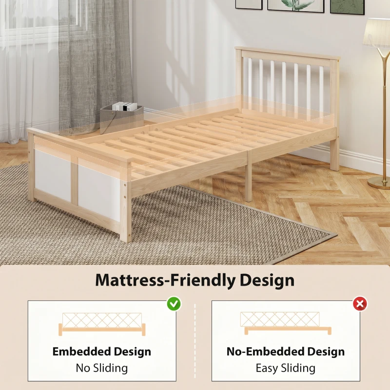 HOMCOM Pine Storage Bed, 3ft Single Solid Wooden Bed Frame with Drawers, Headboard, Wood Slat Support, Natural Wood Finish
