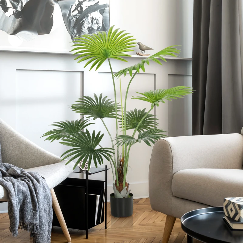 HOMCOM 145cm Artificial Palm Tree, Decorative Artificial Plant with Lifelike PEVA Leaves and Coconut Coir, Fake Tree with Plastic Pot and Flocking for Home Office Decor, Green