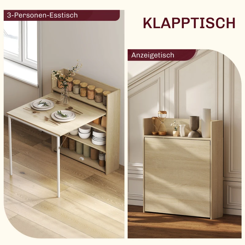 HOMCOM Esstisch Klappbar mit Regal, Industrie-Design, Platzsparend, Für Kleine Räume, 78,5 x 91 x 93 cm, Eiche