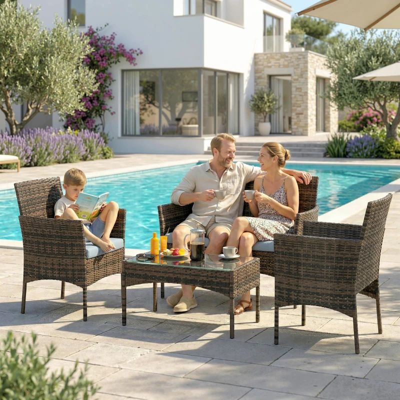 Outsunny Set Mobilier de Grădină din 4 Piese cu Canapea, 2 Fotolii și Măsuță de Cafea, 102x58x82 cm, Maro