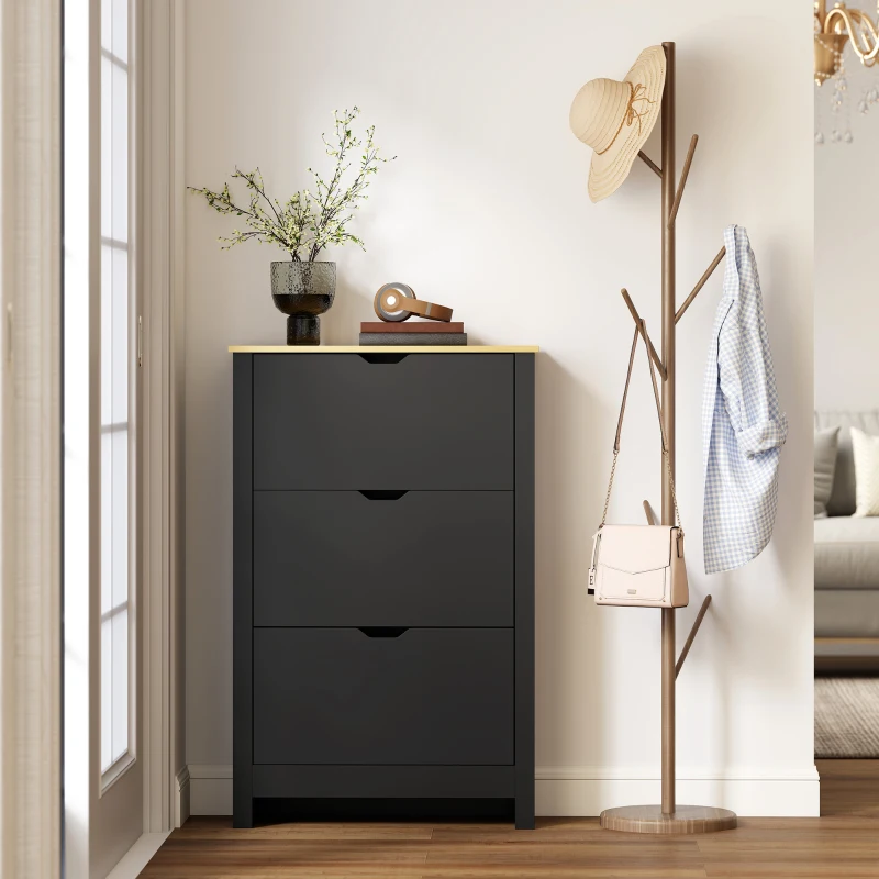 HOMCOM Armoire à Chaussures 3 Portes abattantes 2 Compartiments Panneaux Particules noir chêne