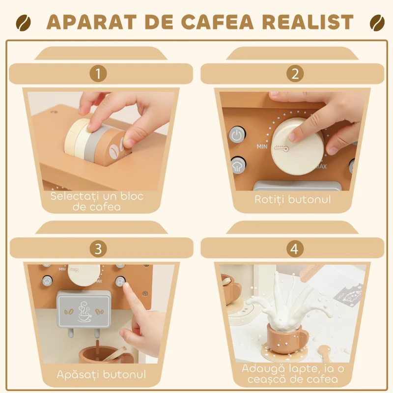 AIYAPLAY Set Mașină de Cafea din Lemn pentru Copii de la 3 Ani cu Accesorii, Maro