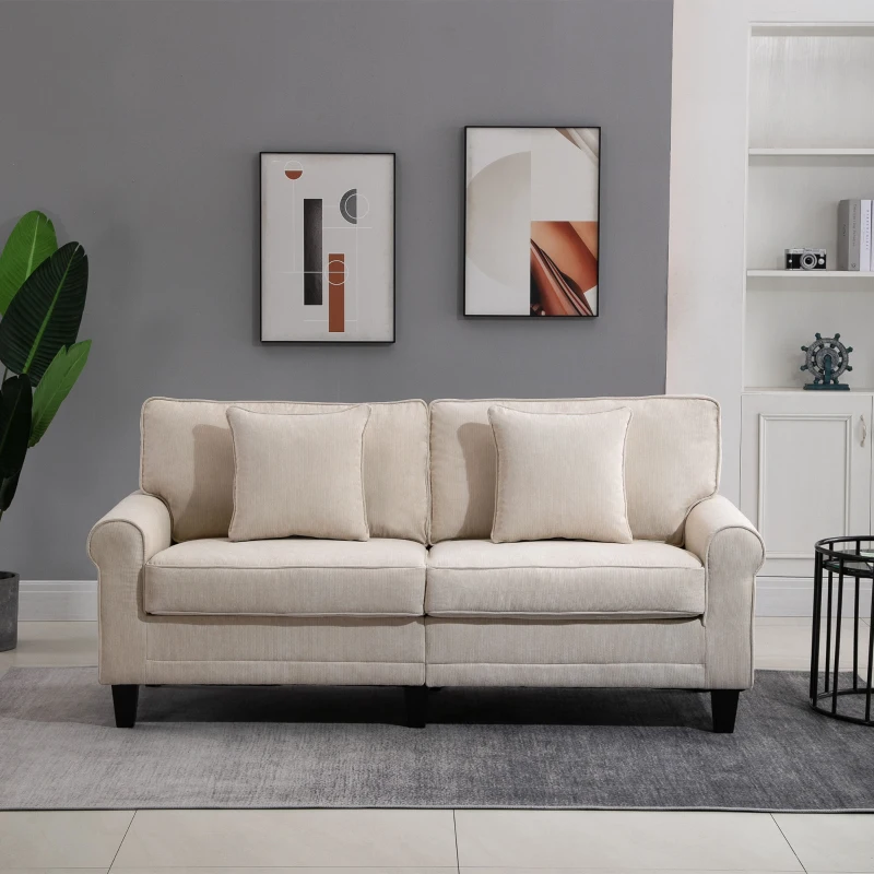 HOMCOM Canapé 3 places en tissu velours côtelé, canapé salon, 197 cm, avec accoudoirs et dossier rembourrées, canapé avec 2 oreillers, pieds en bois massif de pin, pour salon, chambre, bureau, beige