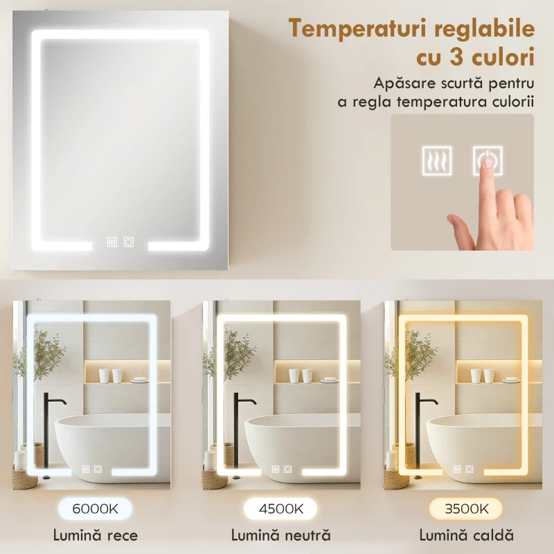 HOMCOM Dulap Baie cu Oglindă LED, 50x15x60 cm Mobilă Baie cu Funcție Anti-Aburire, Rafturi Reglabile, 3 Temperaturi de Lumină Dimmabile, Dulap Montat pe Perete din Sticlă, Alb