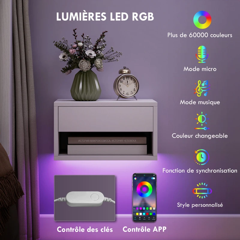 HOMCOM Lot de 2 tables de chevet suspendues avec éclairage LED RGB contrôle par application, étagère, tiroir, 37x32x21cm, blanc