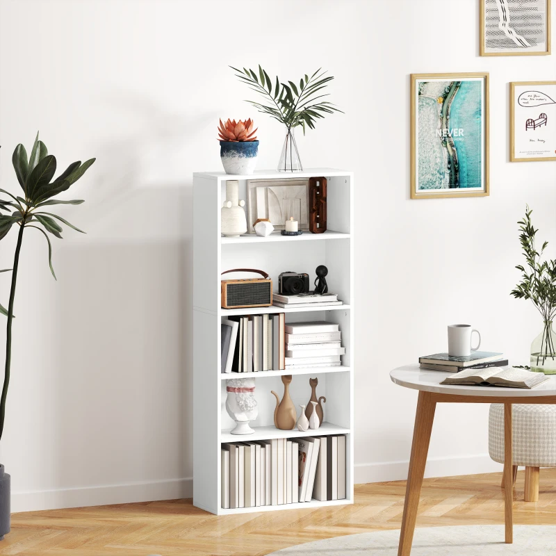 HOMCOM Bibliotecă Mobilă cu 5 Rafturi și 3 Polițe Flexibile, din Lemn, 60x24x133,5 cm, Alb(m-10)