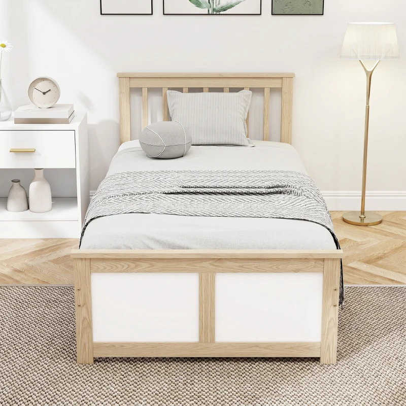 HOMCOM Pine Storage Bed, 3ft Single Solid Wooden Bed Frame with Drawers, Headboard, Wood Slat Support, Natural Wood Finish
