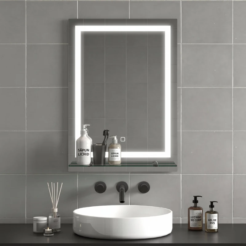 kleankin Oglindă de baie cu lumini LED reglabilă în 3 culori, cu raft din sticlă, 50x12x70 cm, argintiu