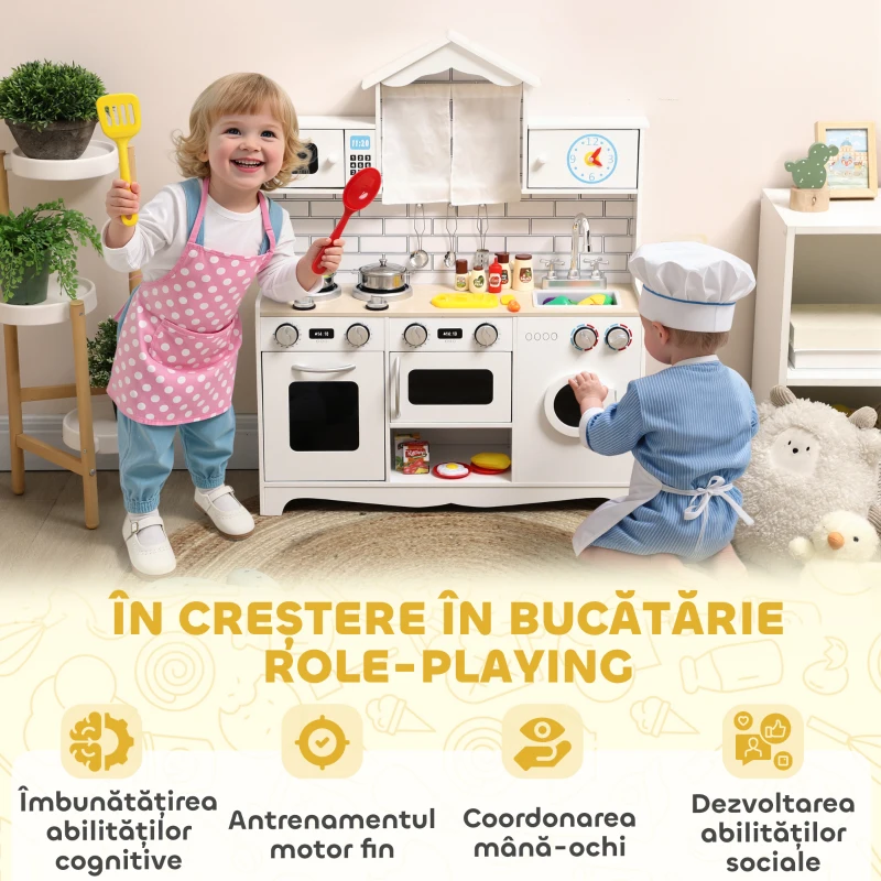 AIYAPLAY Bucătărie de Jucărie pentru Copii 3-6 Ani din Lemn cu Set de Accesorii, Chiuvetă și Butoane cu Sunete, Alb