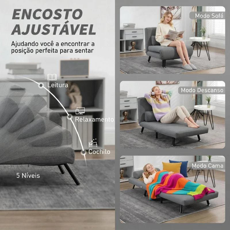 HOMCOM Sofá Cama Individual Dobrável com Encosto Ajustável em 5 Níveis Almofada e Estofado de Linho Sintético 75x70x75 cm Cinzento