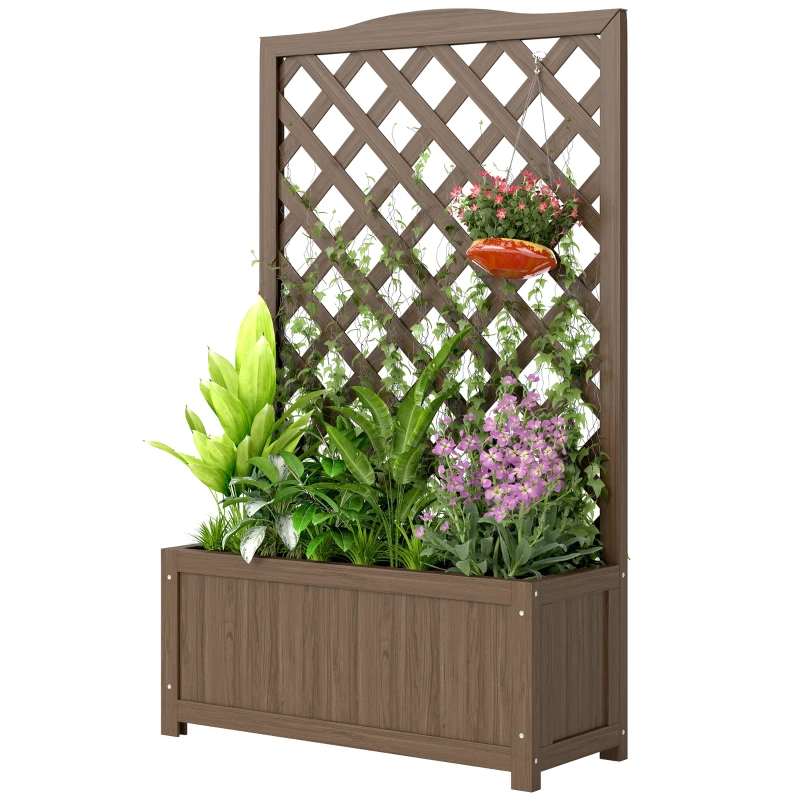 Outsunny Jardinière avec treillis, bac à fleurs, pour plantes grimpantes, légumes, fleurs, en bois massif, 70x28x117cm café foncé