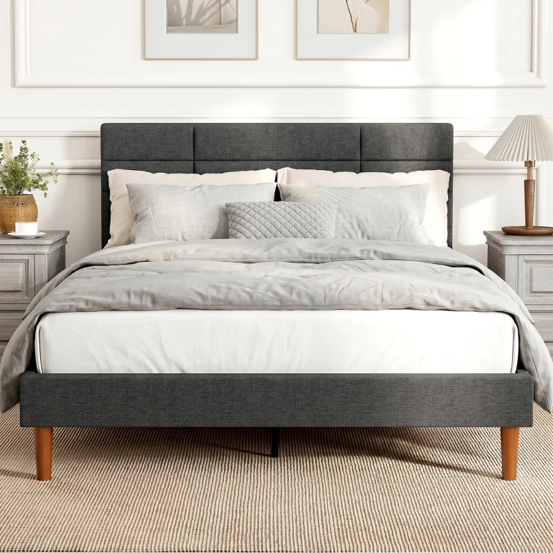HOMCOM Cama Tapizada 140x200 cm con Cabecero Acolchado de Rejilla Almacenaje Inferior Láminas de Madera Gris