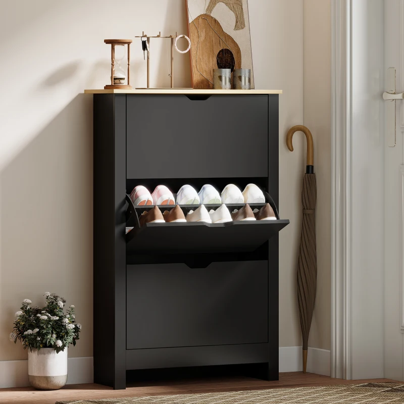 HOMCOM Armoire à Chaussures 3 Portes abattantes 2 Compartiments Panneaux Particules noir chêne