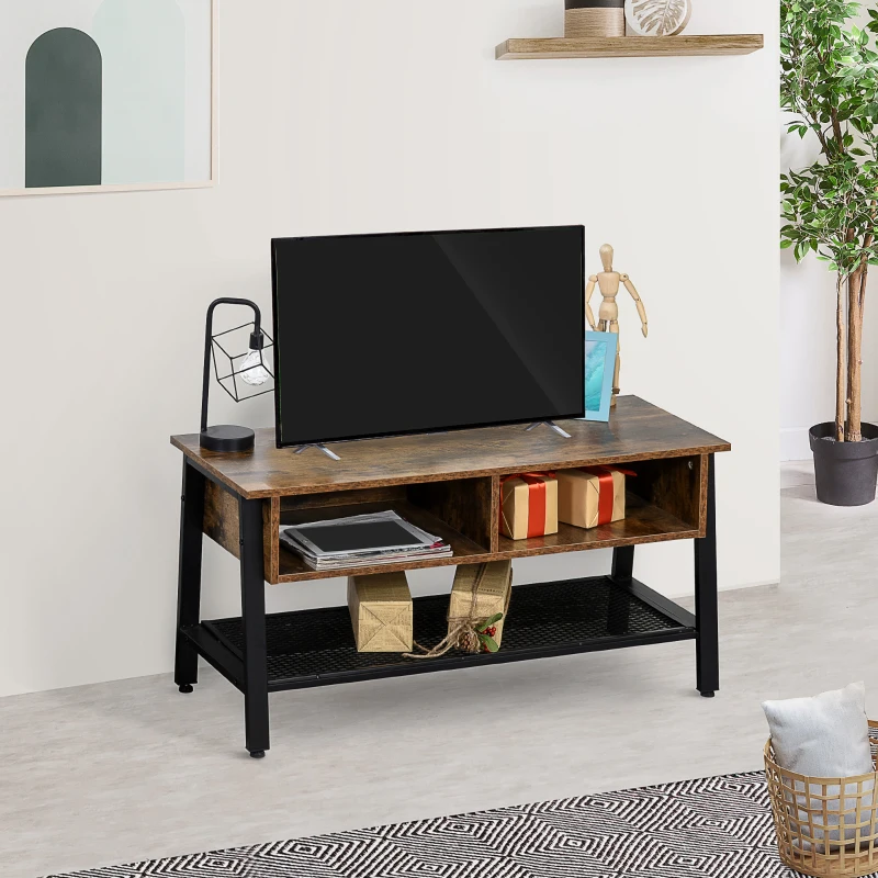 HOMCOM Meuble TV design industriel dim. 100L x 40l x 50H cm grand plateau 2 niches + étagère panneaux particules coloris boisé métal noir