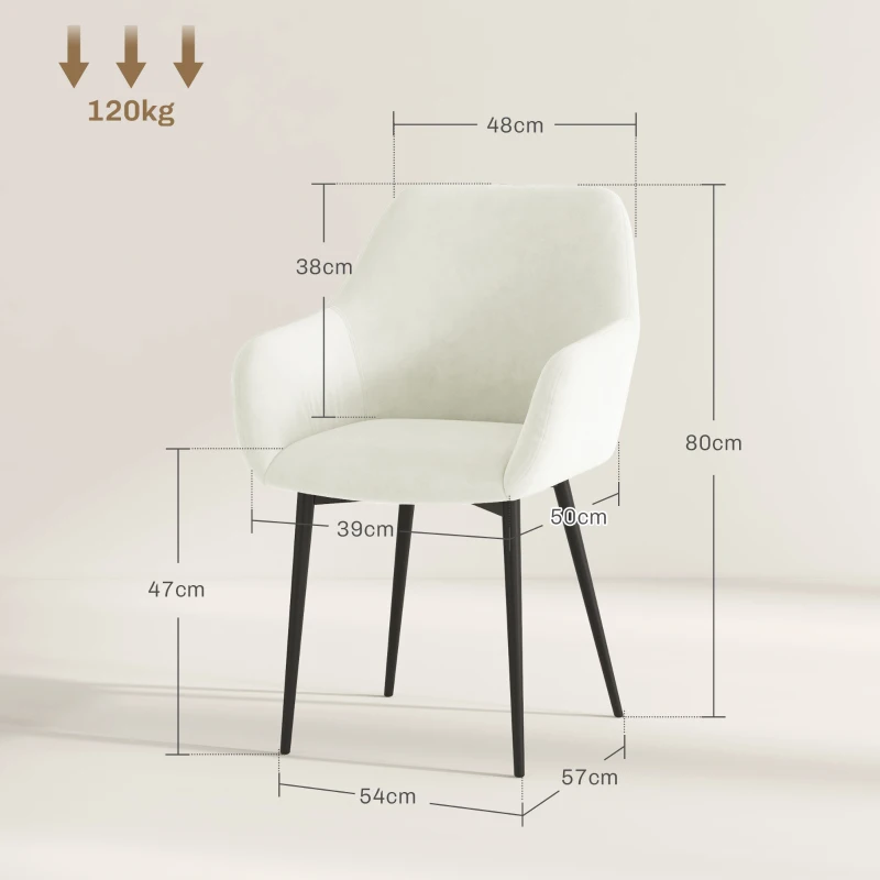 HOMCOM Set 2 Sedie da Pranzo Nordiche Imbottite con Braccioli Ricurvi in Tessuto Effetto Velluto, 54x57x80 cm, Crema