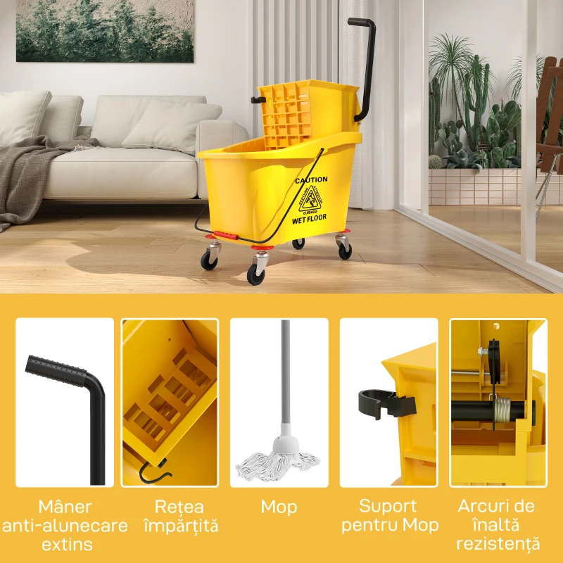 HOMCOM Găleată Profesională pentru Spălat Podele 36L cu Mop, Storcător, Roți și Mâner, 55x37x65 cm, Galben