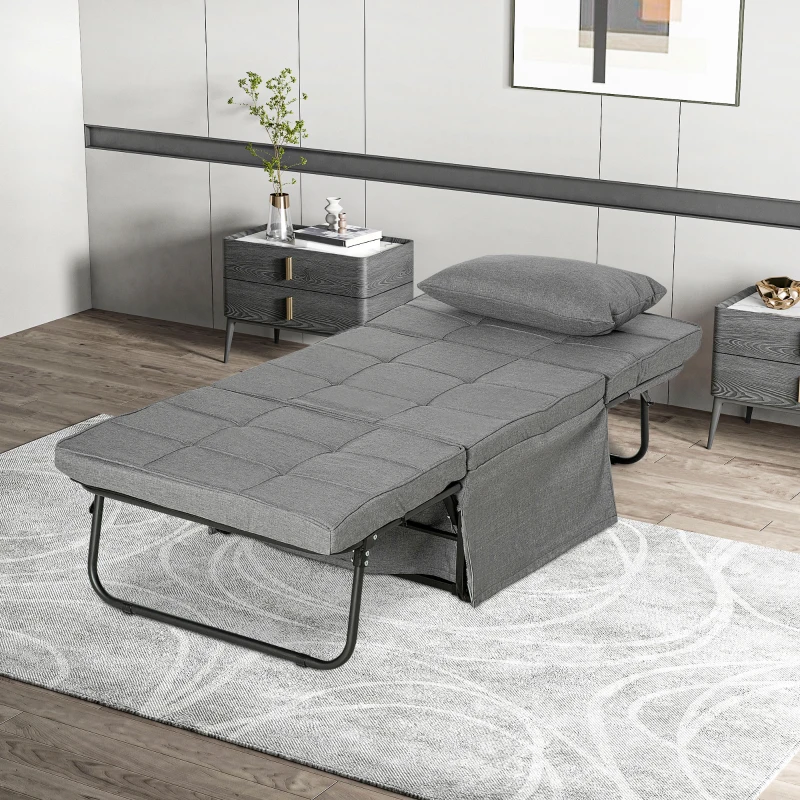 HOMCOM Sofá Cama 4 em 1  Estofado em Linho com Encosto Ajustável em 5 Níveis e Almofada Acolchoada  75x80x74 cm Cinza