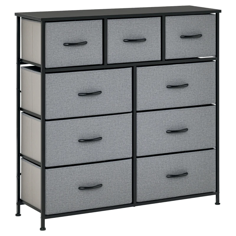 HOMCOM Commode 9 tiroirs meuble de rangement tiroir en tissu pliant - structure acier noir - 100 x 30 x 100 cm, noir et gris