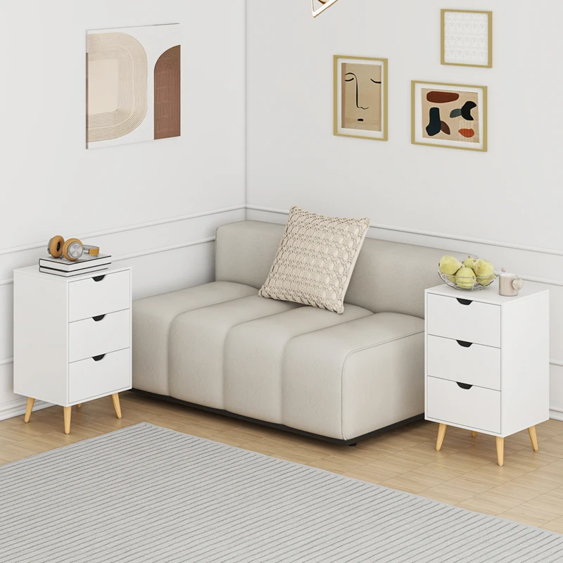 HOMCOM Set of 2 Bedside Tables, Modern Nightstand Side End Table with 3 Storage Drawers and Solid Pine Wood Legs for Bedroom Living Room Entryway, White