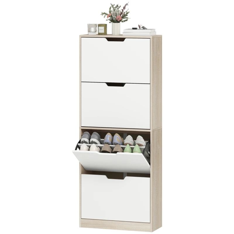 HOMCOM Scarpiera Salvaspazio Slim a 4 Cassetti per 20 Paia di Scarpe 62.5x26x156 cm, color Legno e Bianco