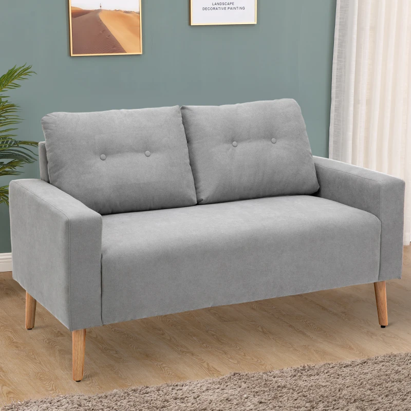 HOMCOM Sofá de 2 Lugares Moderno Estofado em Poliéster com 2 Almofadas Apoio para os Braços e Pés de Madeira de Borracha 145x76x88 cm Cinza