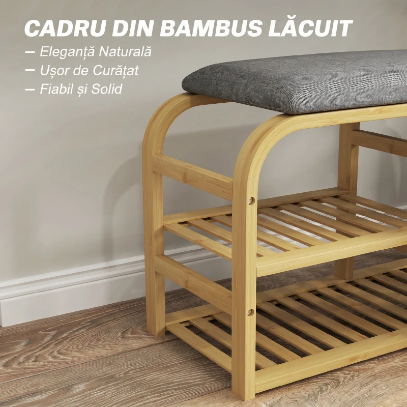 HOMCOM Bancă Pantofar pentru Hol cu Șezut Tapițat, Design cu Șipci și Coș Detasabil, 70x30x45 cm, Lemn