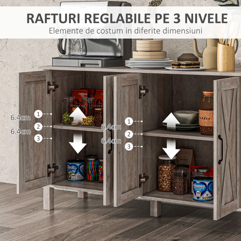 HOMCOM Dulap Multifuncțional Stil Rustic cu 4 Rafturi Reglabile, din Lemn, 120x37x75 cm, Gri