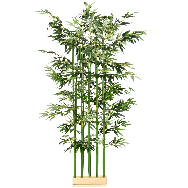 HOMCOM Plantă Artificială de Bambus, Înălțime 180 cm, cu 1640 de Frunze și Bază din Lemn de Pin, 35x10x10 cm, Verde