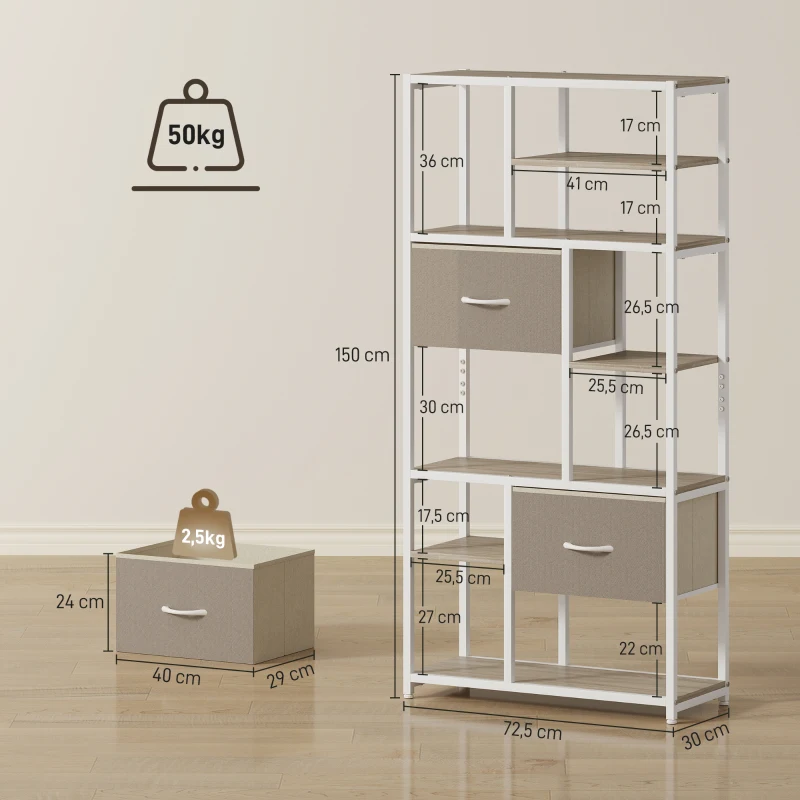 HOMCOM Étagère de rangement 6 niveaux, bibliothèque avec 2 tiroirs en tissu, 9 étagères ouvertes, 72,5 x 30 x 150 cm, blanc