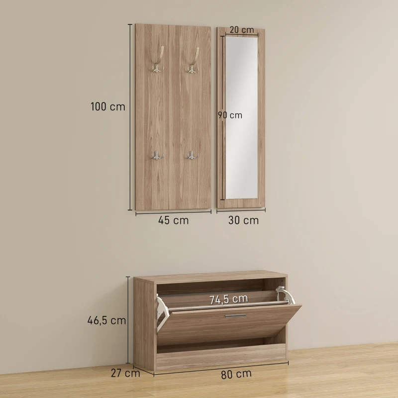 HOMCOM Set Mobili da Ingresso con Panca Scarpiera, Appendiabiti a Muro e Specchio, 80x27x46.5 cm, Marrone Scuro