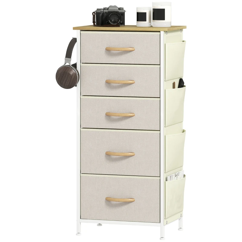 HOMCOM Schlafzimmer-Kommode mit 5 Stoffschubladen, Stahlstreben, Holzoberfläche, 4 Aufbewahrungstaschen, 2 Haken, Beige