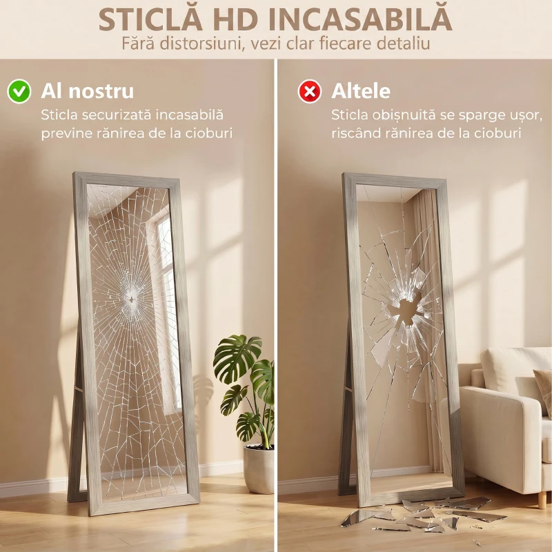 HOMCOM Oglindă modernă de podea, în mărime completă, cu ramă și suport, din lemn și sticlă, 37x40x155 cm, gri