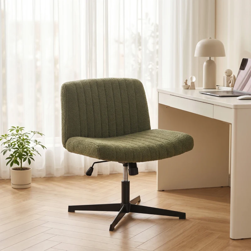 HOMCOM Teddy Fleece Criss Cross Legged Desk Chair, Armless Office Chair No Wheels, Green