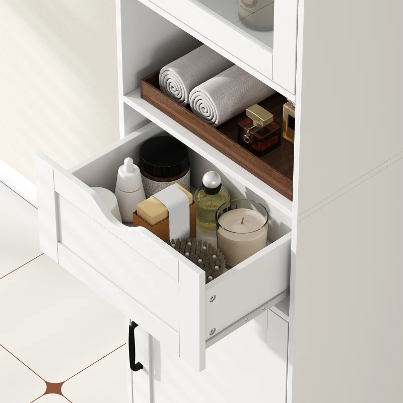 HOMCOM Mobilier Baie Slim cu Dulapuri și Ușă din Sticlă, Mobil Economisitor de Spațiu cu Raft Deschis, Sertar, Rafturi Reglabile, Coloană Modernă, 40x30x165 cm, Alb