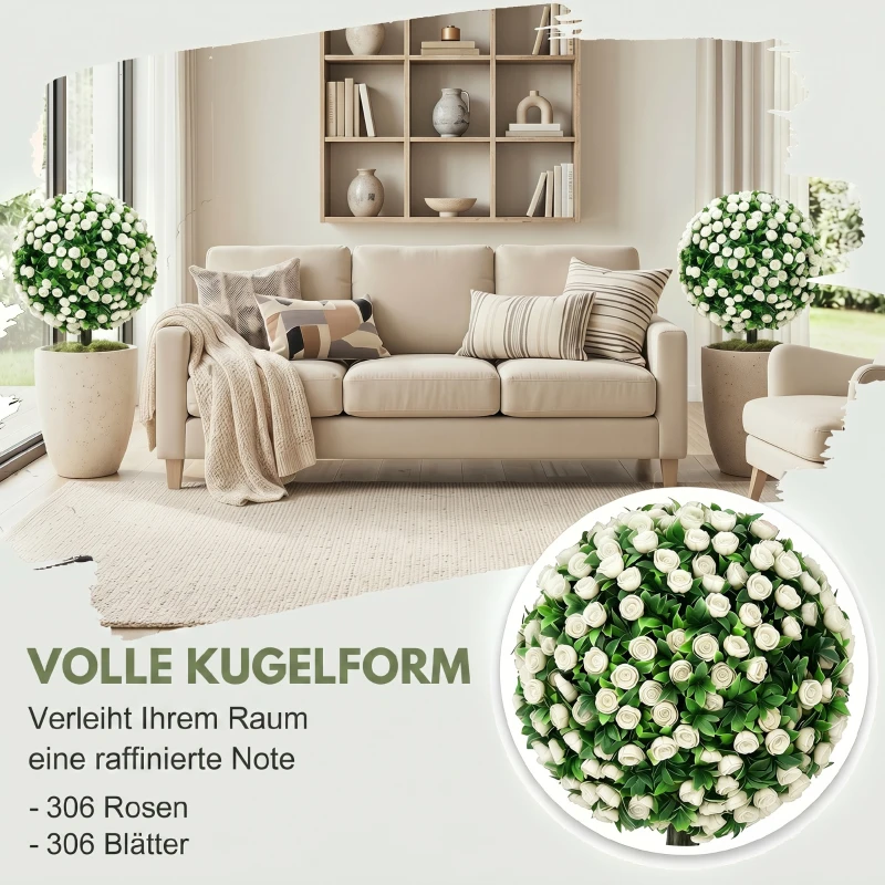 HOMCOM Künstliche Rosenkugeln UV-beständig für den Außenbereich, Set aus 2 Rosenbäumen, 55 cm, Weiß