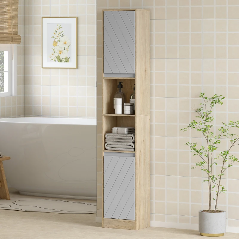 HOMCOM Badezimmerregal, Badeschrank, Küchenschrank, 2 Türschränke, 2 offenen Regalen, Spanplatte+MDF, 30 x 24 x 170cm