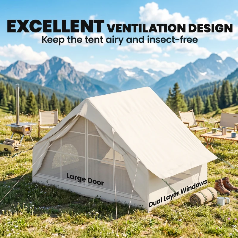 Outsunny Inflatable Tent Waterproof for Camping Blow Up Tent with Pump Carry Bag for 2-4 Person, Beige