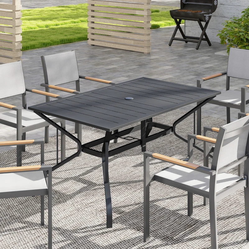 Outsunny Gartentisch Stahl 150x90 cm Wetterfest Balkontisch mit Schirmloch, Lamellen-Design für 6 Personen Schwarz