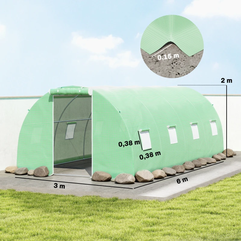 Outsunny Foliengewächshaus, begehbar, 8 Fenster mit Fliegennetz, robuste Folie, Stahlrahmen, 6 x 3 x 2 m, Grün