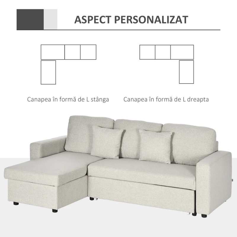 HOMCOM Canapea Extensibilă de Colț în Formă de L, 2 Locuri cu Șezlong Convertibil în Pat pentru o Persoană, Canapea cu Spațiu de Depozitare și 2 Perne, Crem