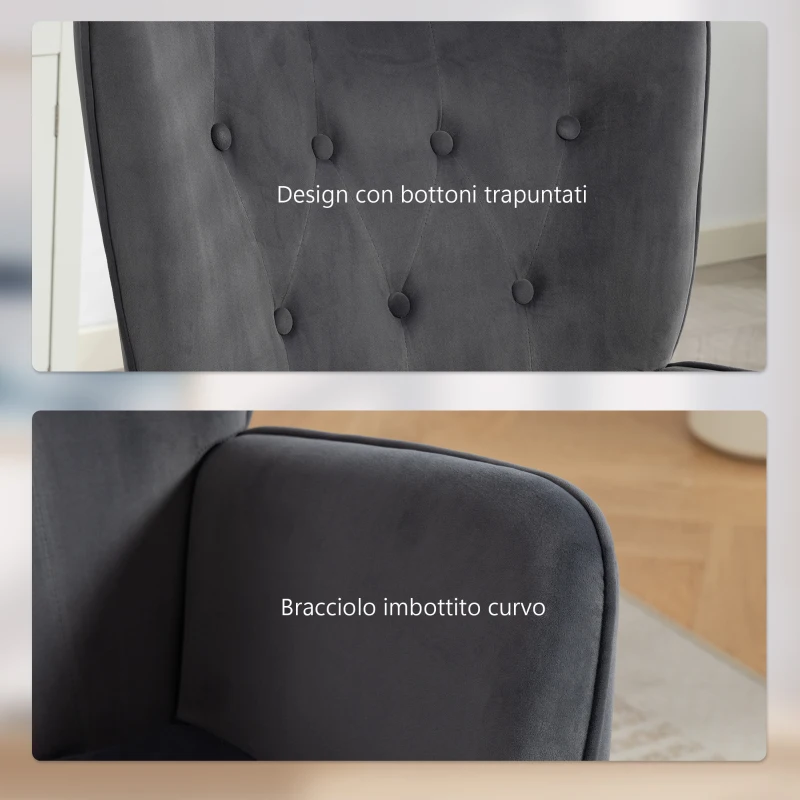 HOMCOM Poltroncina da Salotto Girevole con Braccioli in Velluto, con Dondolo e Altezza Regolabile, Grigio Scuro
